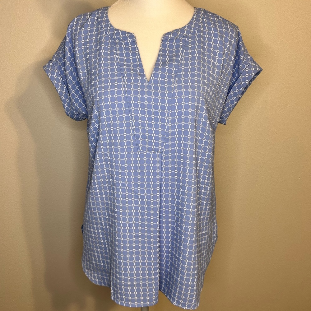 Talbots Coastal Blue and White Cuffed Sleeve Blouse